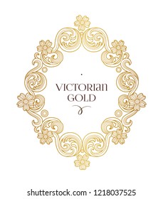 Vector golden element, round frame for design template. Luxury ornament in Victorian style. Premium floral illustration. Ornate decor, border for invitation, card, logo design, label, badge, tag.