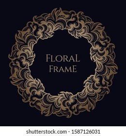 Vector golden element, round frame for design template. Luxury ornament in Victorian style. Premium floral illustration. Ornate decor, border for invitation, card, logo design, label, badge, tag