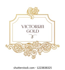 Vector golden element, square frame for design template. Luxury ornament in Victorian style. Premium floral illustration. Ornate decor, border for invitation, card, logo design, label, badge, tag.