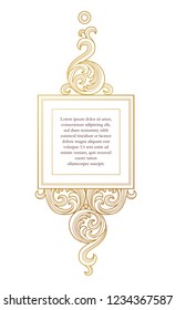 Vector golden element, square frame for design template. Luxury ornament in Victorian style. Premium floral illustration. Ornate decor, border for invitation, card, logo design, label, badge, tag.