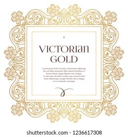 Vector golden element, square frame for design template. Luxury ornament in Victorian style. Premium floral illustration. Ornate decor, border for invitation, card, logo design, label, badge, tag.