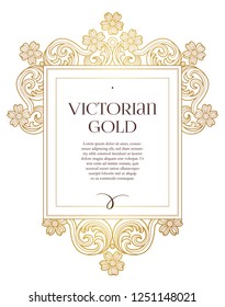 Vector golden element, square frame for design template. Luxury ornament in Victorian style. Premium floral illustration. Ornate decor, border for invitation, card, logo design, label, badge, tag.