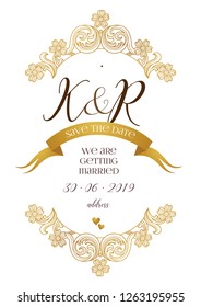 Vector golden element, vignettes for wedding invitation. Design frame template. Luxury ornament in Victorian style. Premium floral illustration. Ornate decor, border, card.