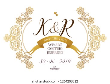 Vector golden element, vignettes for wedding invitation. Design frame template. Luxury ornament in Victorian style. Premium floral illustration. Ornate decor, border, card.