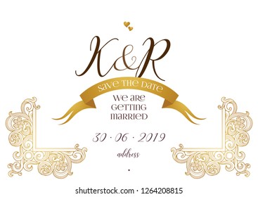 Vector golden element, vignettes for wedding invitation. Design frame template. Luxury ornament in Victorian style. Premium floral illustration. Ornate decor, border, card.