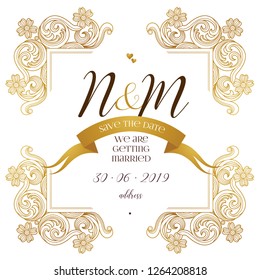 Vector golden element, vignettes for wedding invitation. Design frame template. Luxury ornament in Victorian style. Premium floral illustration. Ornate decor, border, card.