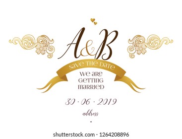 Vector golden element, vignettes for wedding invitation. Design frame template. Luxury ornament in Victorian style. Premium floral illustration. Ornate decor, border, card.
