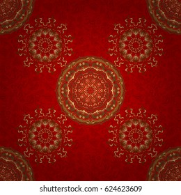 Vector golden elements for vignettes and borders or design template. Seamless pattern in Victorian style on a red background. Luxury floral frames and ornate decor.