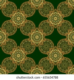 Vector golden elements for vignettes and borders or design template. Seamless pattern in Victorian style on a green background. Luxury floral frames and ornate decor.