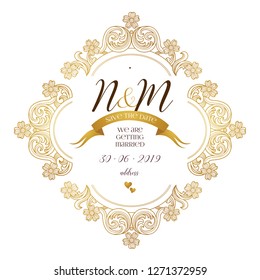 Vector golden elements, vignettes, monograms for wedding invitation. Design frame template. Luxury ornament in Victorian style. Premium floral illustration. Ornate decor, border, card.