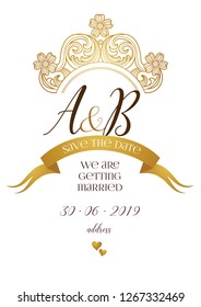 Vector golden elements, vignettes for wedding invitation. Design frame template. Luxury ornament in Victorian style. Premium floral illustration. Ornate decor, border, card.