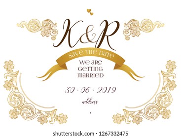 Vector golden elements, vignettes for wedding invitation. Design frame template. Luxury ornament in Victorian style. Premium floral illustration. Ornate decor, border, card.