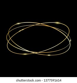Vector golden ellipse frame with sparkling light. Magical glowing template with gold bracelets isolated on black background. Circle light effect with sparkles.