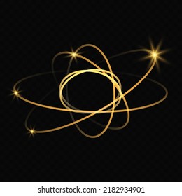 Vector golden ellipse frame with sparkling light. Magical glowing template with gold bracelets isolated on black background. Circle light effect with sparkles.