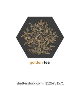 Vector golden emblem. Art line nature design. Symbol elegant card of tea tree, bush, branch, leaf, flower. Geometric frame, herbal drink, food cover, logo, chic invite, sketch label, packing for shop
