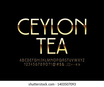 Vector Golden emblem Ceylon Tea with elegant Font. Elite thin Alphabet Letters, Numbers and Symbols