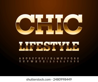 Vector Golden Emblem Chic Lifestyle. Modern Trendy Font. Luxury Alphabet Letters and Numbers.