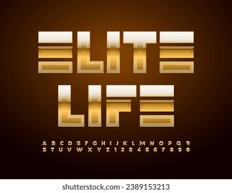 Vector golden Emblem Elite Life. Futuristic Glossy Font. Trendy Chic Alphabet Letters and Numbers set. 