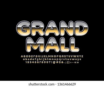 Vector golden emblem Grand Mall. Glossy luxury Font for Shopping Marketing. Reflective Alphabet Letters, Numbers and Symbols