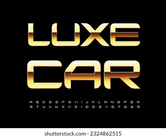 Vector Golden Emblem Luxe Car. Modern Creative Font. Luxury Alphabet Letters and Numbers