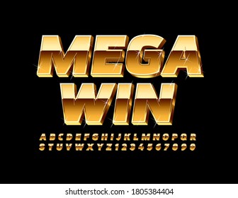 Vector Golden Emblem Mega Win. Luxury 3D Font. Chic Alphabet Letters and Numbers