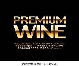 Vektor Golden Emblem Premium Wine mit glänzenden Alphabet Letters, Zahlen und Symbolen. schicke Schriftart