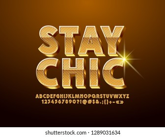 Vector golden emblem with text Stay Chic. Stylish luxury Font. Set of unique Letters, Numbers and Symbols.