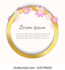 Vector golden empty frame with beautiful flowers. Template illustration for any cards. Place for your text or corporate identity details  Elegant color. Premium quality. Realistic image. 