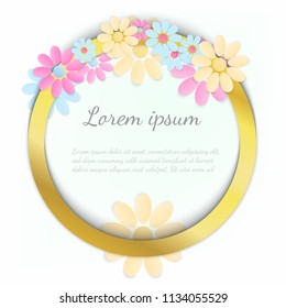 Vector golden empty frame with lot of beautiful flowers. Template illustration for any cards. Place for your text or corporate identity details  Elegant color. Premium quality. Realistic image. 