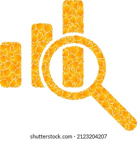 Icono de mosaico de gráfico de barras de exploración dorada vectorial. El gráfico de barras de exportación está aislado en un fondo blanco. Collage de elementos dorados basado en el icono de gráfico de barras de exportación.