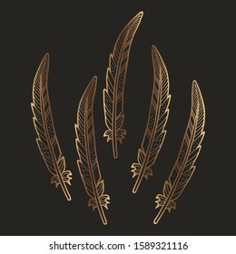 Vector golden feather. Line art  with gold effect. Great for decoration, placement print, design.