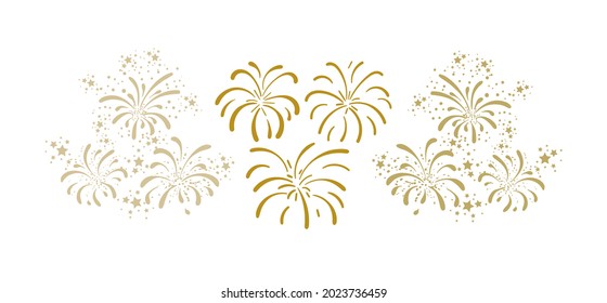 Vector Golden Fireworks, Celebration Concept, Hand Drawn Firework Explosions Isolated on White Background.
