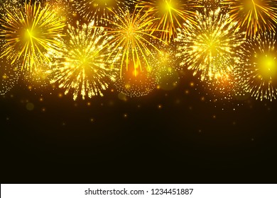 Vector golden fireworks explosion on dark background. New Year celebration firework