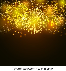 Vector golden fireworks explosion on dark background. New Year celebration firework