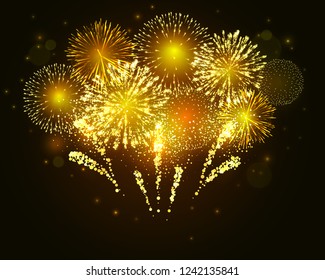 Vector golden fireworks explosion on dark background. New Year celebration firework