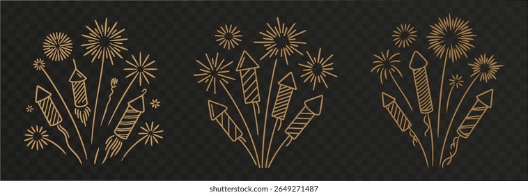 Fogos de artifício dourados vetoriais. Fogos de artifício dourados sobre fundo transparente isolado. Png do Fireworks. Fogos de artifício. Fundo festivo.