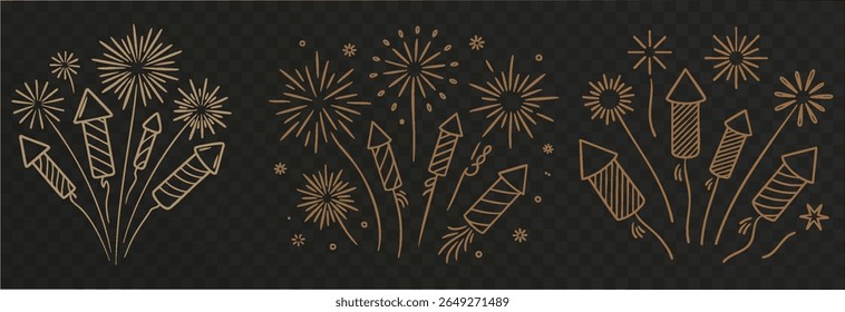 Vector golden fireworks. Golden fireworks on isolated transparent background. Fireworks png. Holiday fireworks. Festive background.