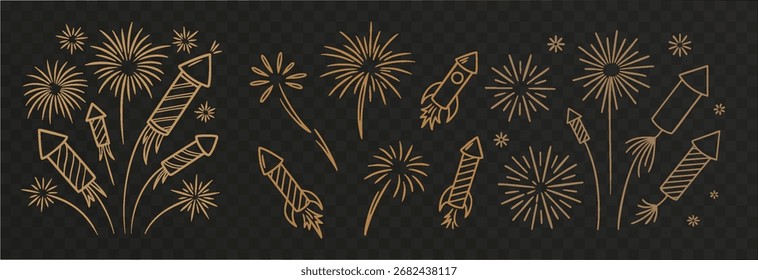 Fogos de artifício dourados vetoriais. Fogos de artifício dourados sobre fundo transparente isolado. Png do Fireworks. Fogos de artifício. Fundo festivo.