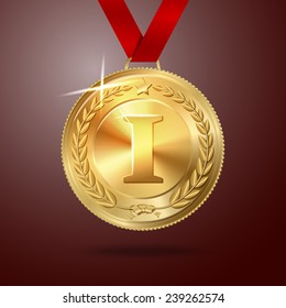Vector Golden first place medal with red ribbon, on red background. vector