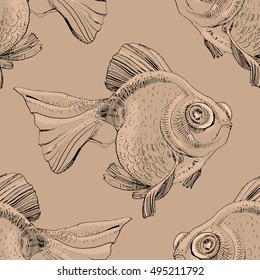 Vector golden fish, hand painted drawing of outline isolated on white background