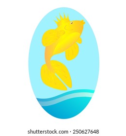 Vector golden fish illustration. Bright golden fish jumping out of water. Golden fish in a crown.