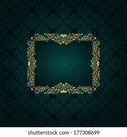 Vector golden floral frame on vintage floral pattern.