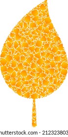 Vector golden floral leaf mosaic icon. Floral leaf is isolated on a white background. Gold items mosaic based on floral leaf icon. Mosaic floral leaf iconic image is done from yellow items.