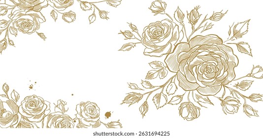 Vector golden floral line frame, luxury leaves plant border. Wedding elegant card, nature royal garden drawing