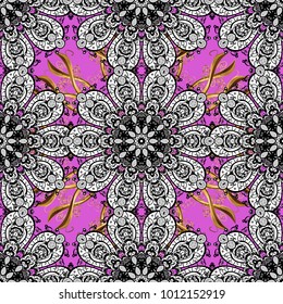 Vector golden floral ornament brocade textile pattern, white doodles. Black, white and violet colors with golden elements. Metal with floral pattern. Seamless golden pattern.