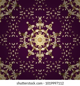 Vector golden floral ornament brocade textile and glass pattern. Seamless golden pattern. Purple, brown and white colors with golden elements. Gold metal with floral pattern.