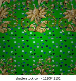 Vector golden floral ornament brocade textile and glass pattern. Green, blue and brown colors with golden elements. Gold metal with floral pattern. Seamless golden pattern.