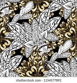 Vector golden floral ornament brocade textile pattern, white doodles. Seamless golden pattern. Colors with golden elements. Metal with floral pattern.
