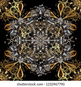 Vector golden floral ornament brocade textile and glass pattern. Gold metal with floral pattern. Black colors with golden elements. Seamless golden pattern.