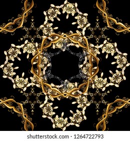Vector golden floral ornament brocade textile and glass pattern. Gold metal with floral pattern. Seamless golden pattern. Black and brown colors with golden elements.